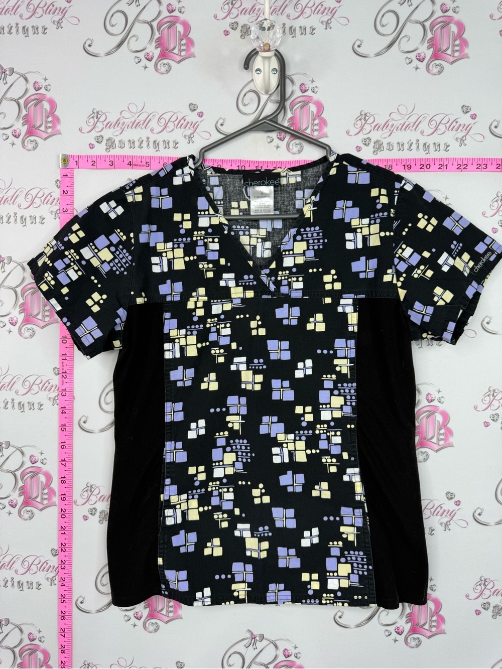 Cherokee Black Scrub Top with Lavender & Pale Yellow Geometric Print